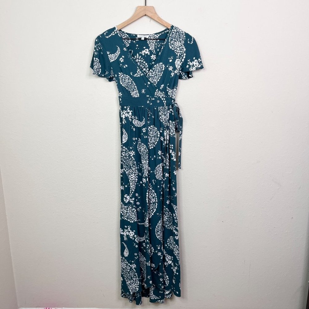 Patrons of Peace Women's Green Floral Paisley Wrap Dress Size XS V-Neck